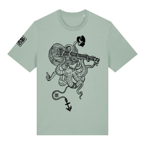 Groen T-shirt met een Septopus die Ukelele speelt