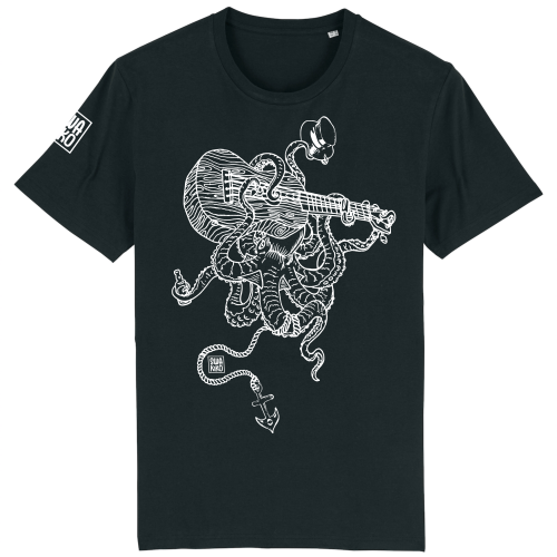 Zwart T-shirt met een Septopus die Ukelele speelt