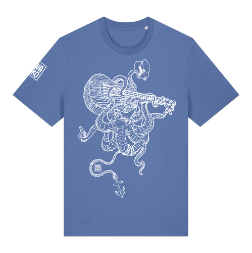 Blauw T-shirt met een Septopus die Ukelele speelt