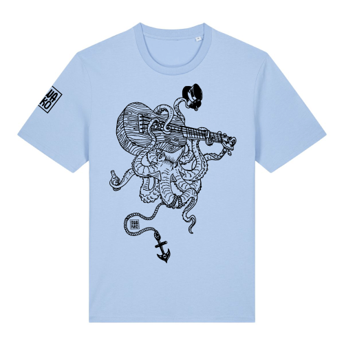 Licht blauw T-shirt met een Septopus die Ukelele speelt