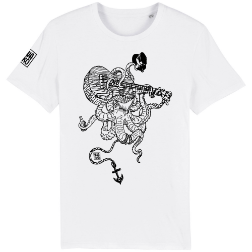 Wit T-shirt met een Septopus die Ukelele speelt