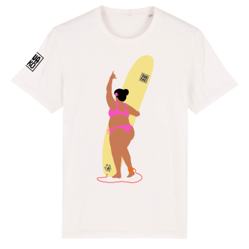 Wit Surf T-shirt met kleuren design van een dame in bikini met haar longboard, die het shaka gebaar maakt met haar hand