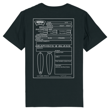 Zwart T-shirt met custom surfboard order formulier design - Bestel nu jouw gepersonaliseerde surfboard