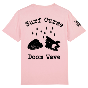 Roze Surf Curse T-shirt met artwork van een gebroken surfboard