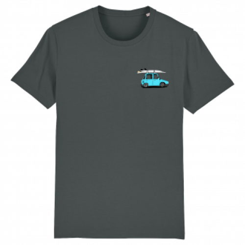 Antraciet T-shirt met borstprint van een auto met Swakiko sticker en twee surfbaords op het dak en 