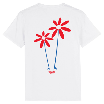 Wit T-shirt met twee zonnige bloemen bestaand uit surfboards - Surfen en kunst komen samen in deze unieke print