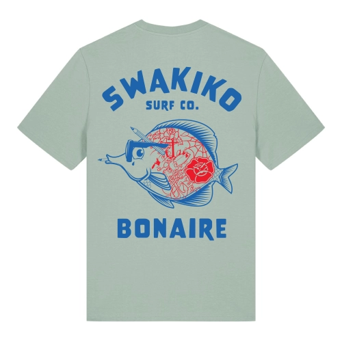 Aloe groen T-shirt met blauwe print van een stijlvol getatoëerde doktersvis