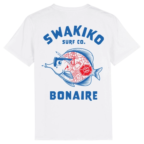 Wit T-shirt met blauwe print van een stijlvol getatoëerde doktersvis