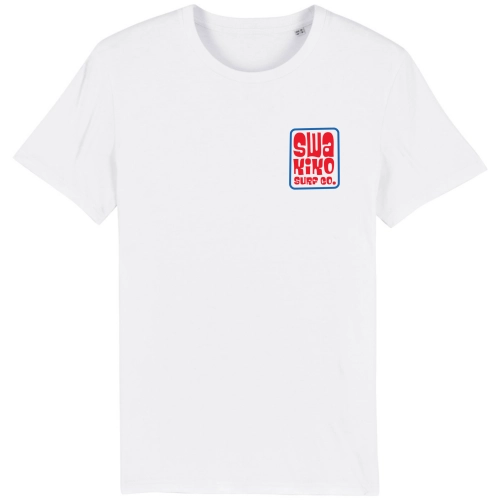 Wit T-shirt met rood blauw Swakiko logo op de borst
