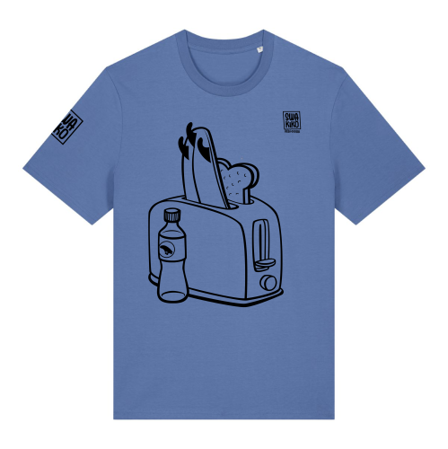 Blauw t-shirt met surfboard in broodrooster.