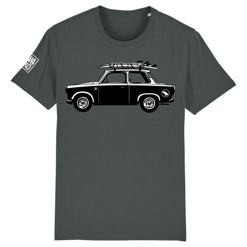 Antraciet heren t-shirt met een trabant met surfboard op het dak