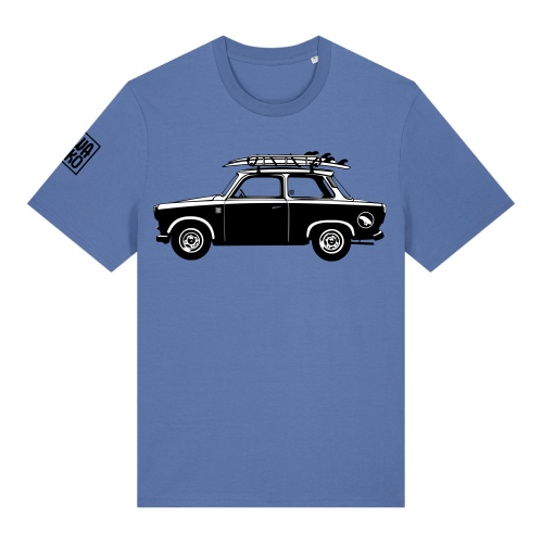 Blauw heren t-shirt met een trabant met surfboard op het dak