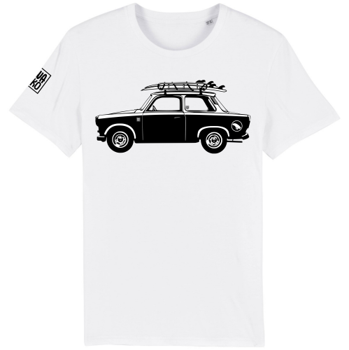 Wit heren t-shirt met een trabant met surfboard op het dak