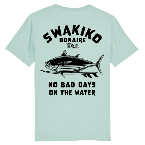 Geel Bonaire T-shirt met tonijn op een surfboard en de tekst: No bad days on the water!