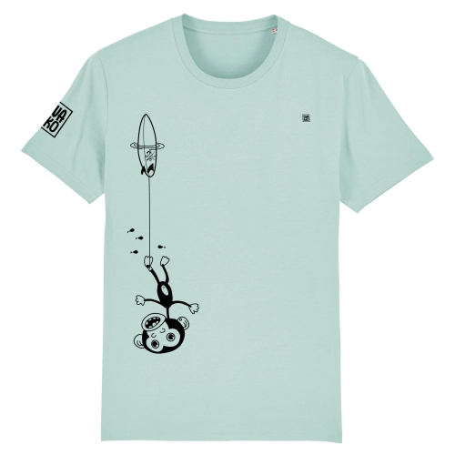 Grappig aloë groen T-shirt  met een ondersteboven hangende aap aan zijn surfboard,