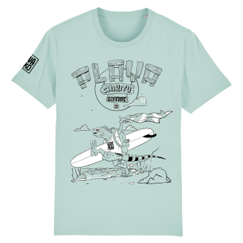 Turquoise Bonaire T-shirt: Cartoon van een leguaan die op Playa Chikitu met surfboard onder de arm naar zee rent - Speels des