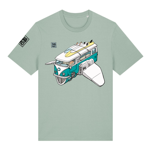 Aloë groen T-shirt met een futuristische uitvoering van de klassieke volkswagen bus, bekend in de surf wereld!