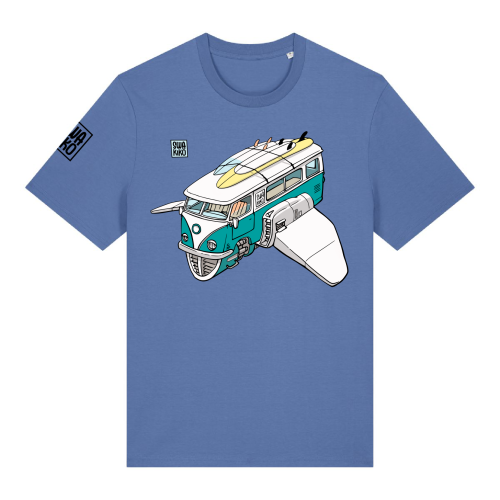 Blauw T-shirt met een futuristische uitvoering van de klassieke volkswagen bus, bekend in de surf wereld!