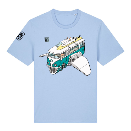 Licht blauw T-shirt met een futuristische uitvoering van de klassieke volkswagen bus, bekend in de surf wereld!