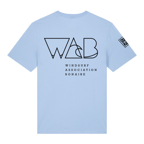 Blauw T-shirt van Windsurf Association Bonaire met Swakiko logo op de mouw
