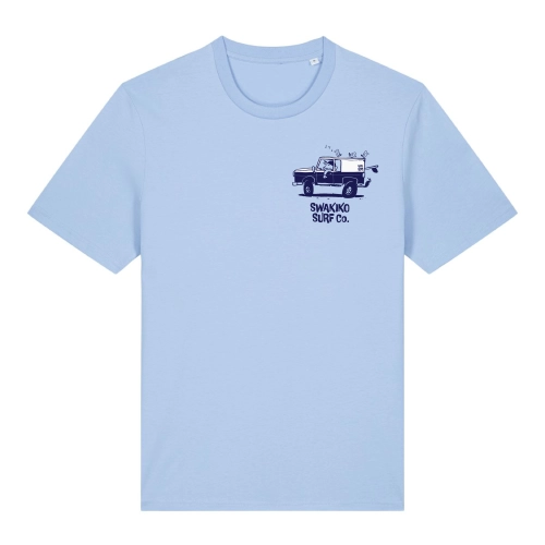 Blauw T-shirt met een Swakiko borstlogo van een jeep met surfboards