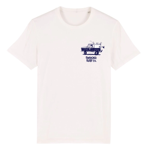 Wit T-shirt met een Swakiko borstlogo van een jeep met surfboards