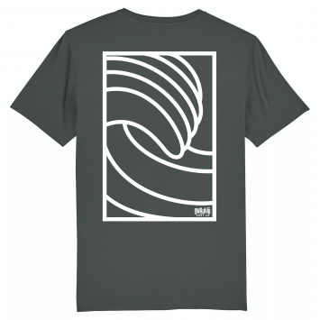 Antraciet T-shirt met een wit, stijlvol grafisch design van golven