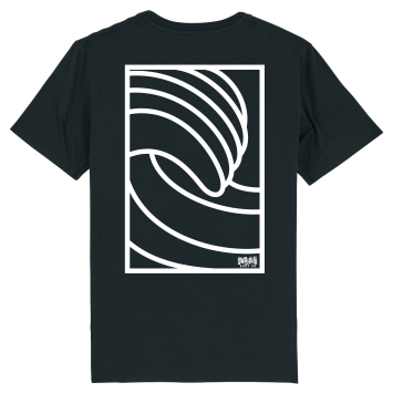 Zwart T-shirt met een wit, stijlvol grafisch design van golven