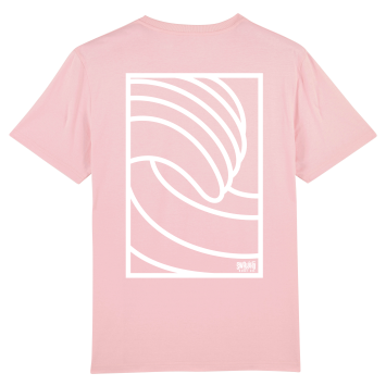 Roze T-shirt met een wit, stijlvol grafisch design van golven