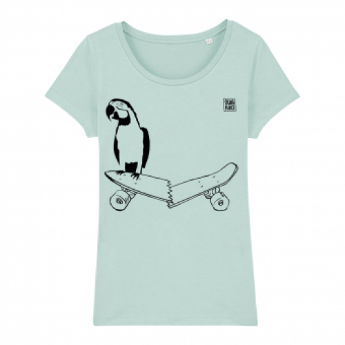 Skate T-shirt women, parrot and skateboard green