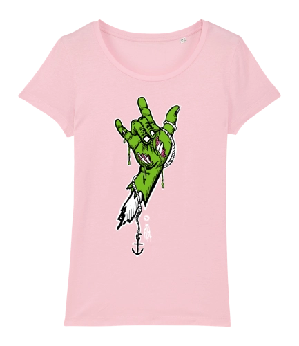 Surf t-shirt women, green rock hand on cotton pink T-shirt