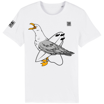 Wit T-shirt: Zeemeeuw met surfboard onder de vleugel, wachtend op de perfecte golf - Artistiek design