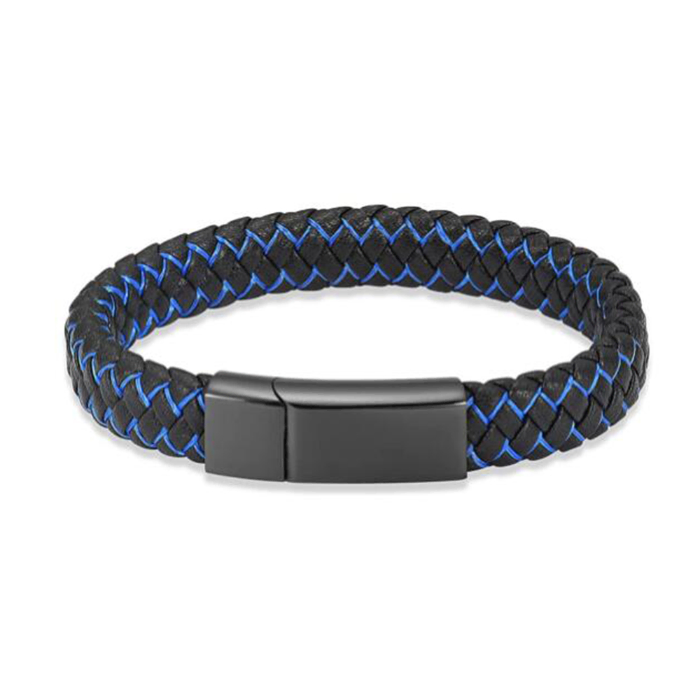 lederen armband in zwart met blauw leer