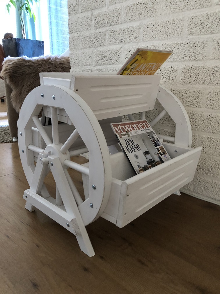 Zeitschriftenständer, Holz, mit 2 Wagenrädern Holz-weiß, sehr schön