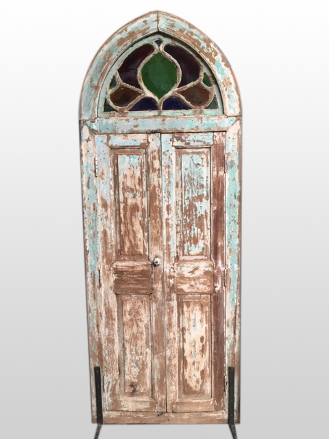 Oude hardhouten deur koloniaal met glas in lood, geweldig fraai!!