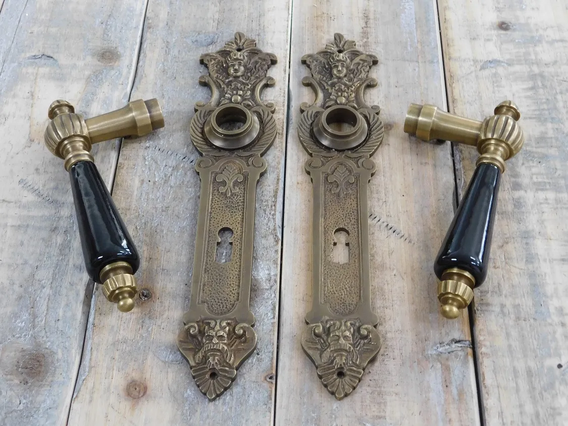 tags: antieke koperen hardware, Art Nouveau deurbeslag, messing fittingen antiek, hefboom voor oude deur, deurslot Oprichter tijd in te stellen antieke met keramische handvat,