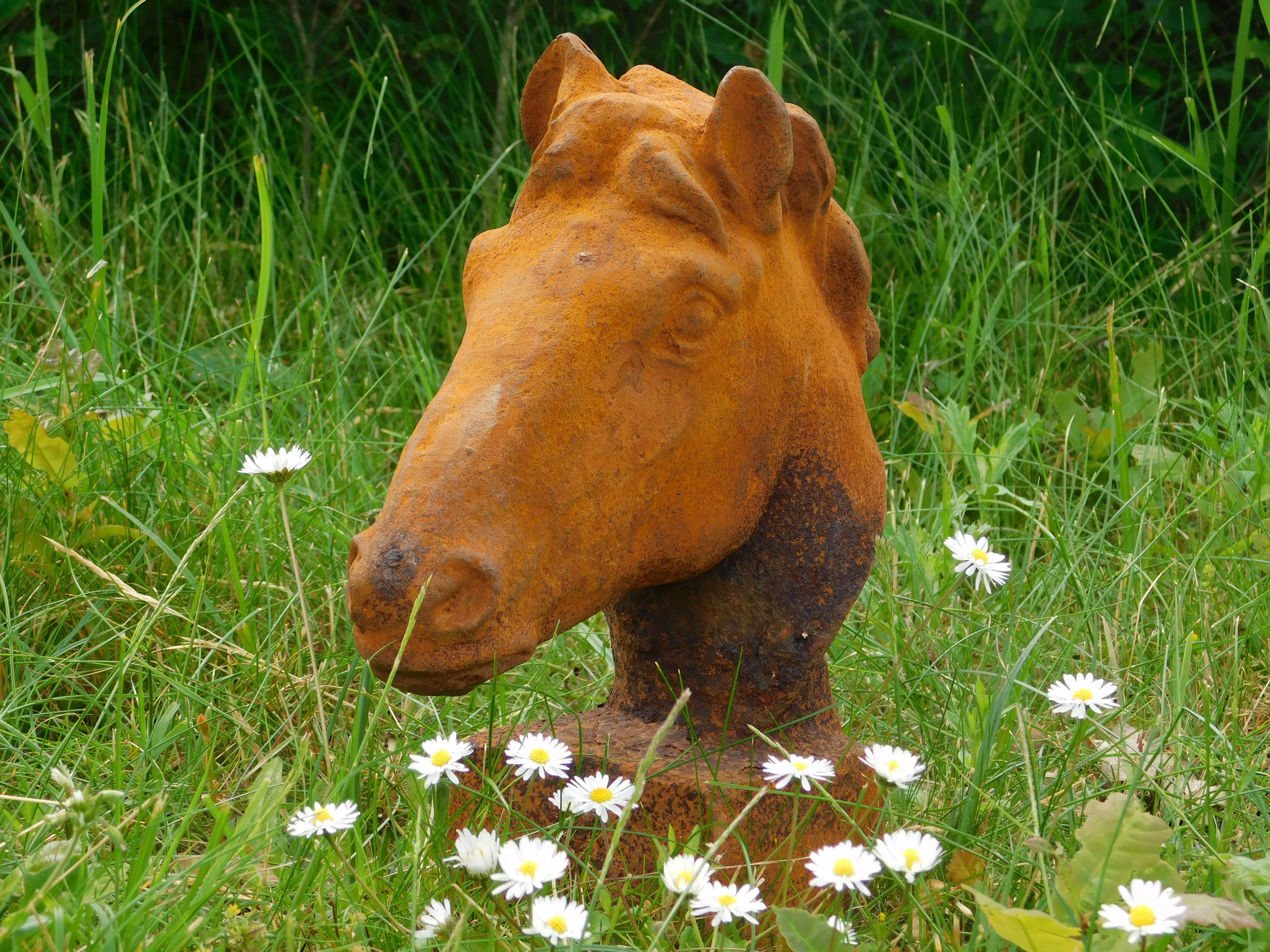 Pferdekopfstatue, Gartenstatue Pferd, Gusseisen, rustikal