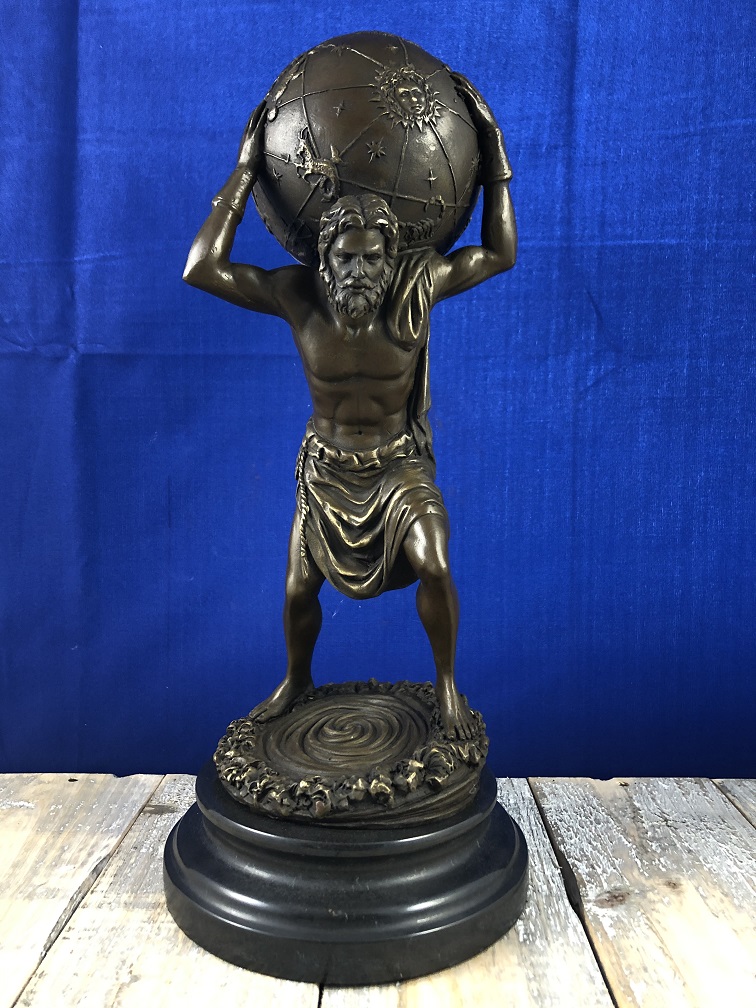 Atlas met Universum, mythologisch en symbolisch bronzen figuur