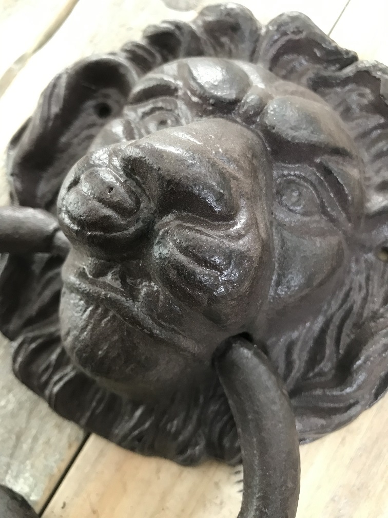 Türklopfer Löwenkopf mit Stopper, Gusseisen, braun