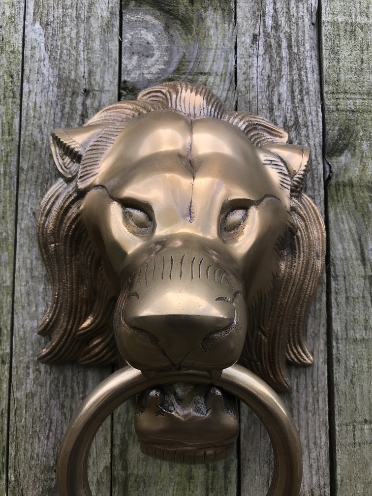 Ein Löwenkopf aus Aluminium in Messingfarbe als Türklopfer