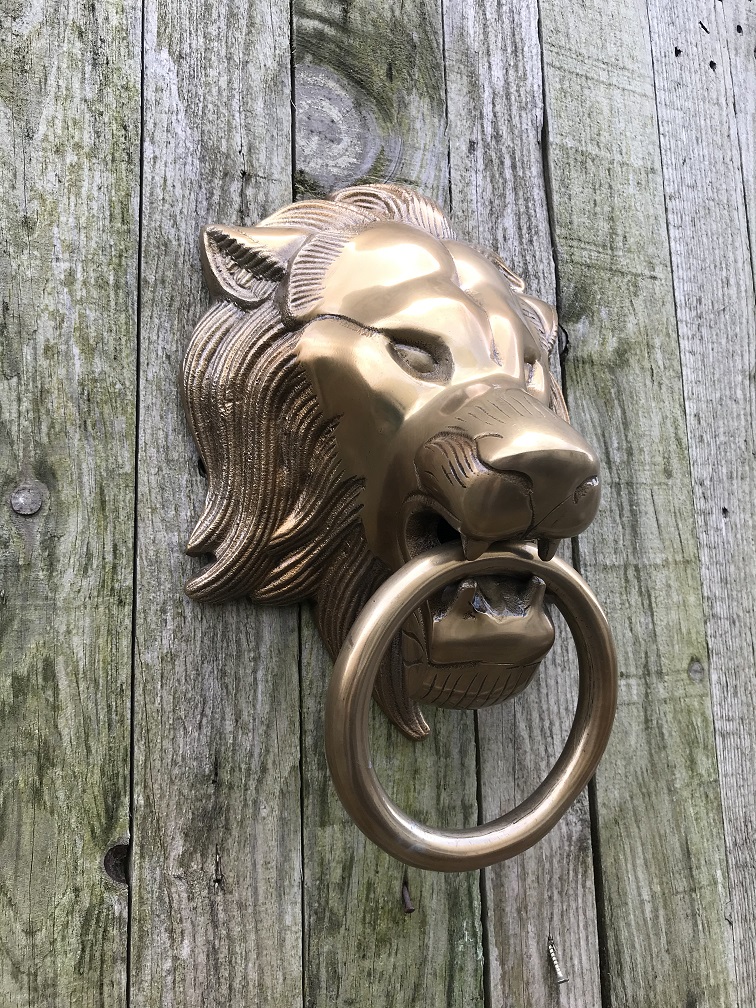 Ein Löwenkopf aus Aluminium in Messingfarbe als Türklopfer