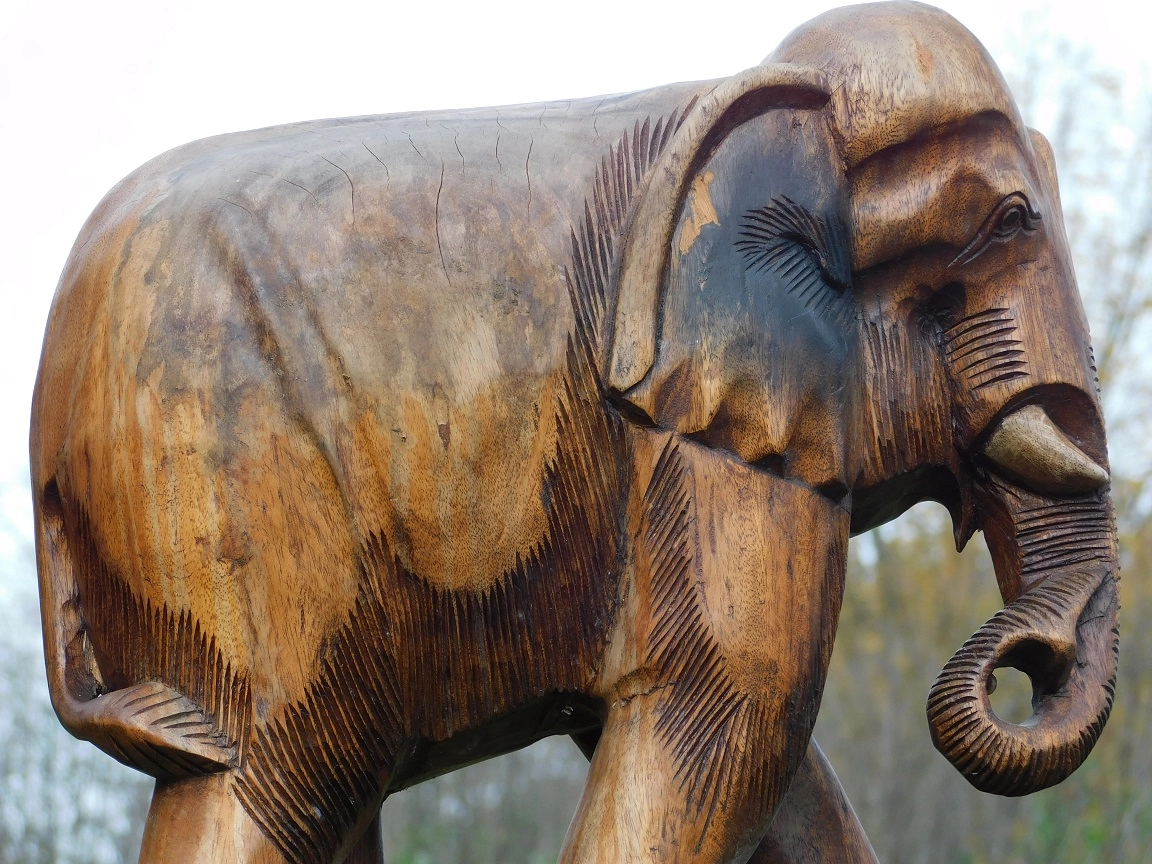 Vintage Houten Olifantenpaar - Teak Sculptuur - Kunst | Beelden en Houtsnijwerken