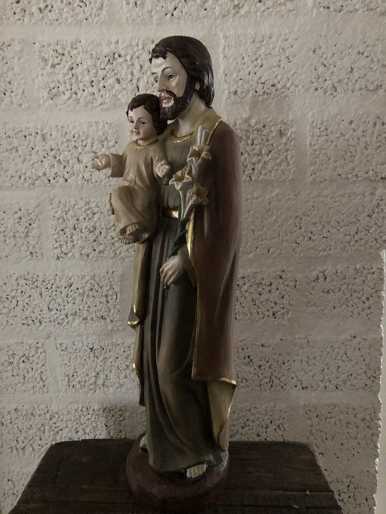Schöne Statue von Joseph mit Jesus auf dem Arm, Polystone in Holzoptik