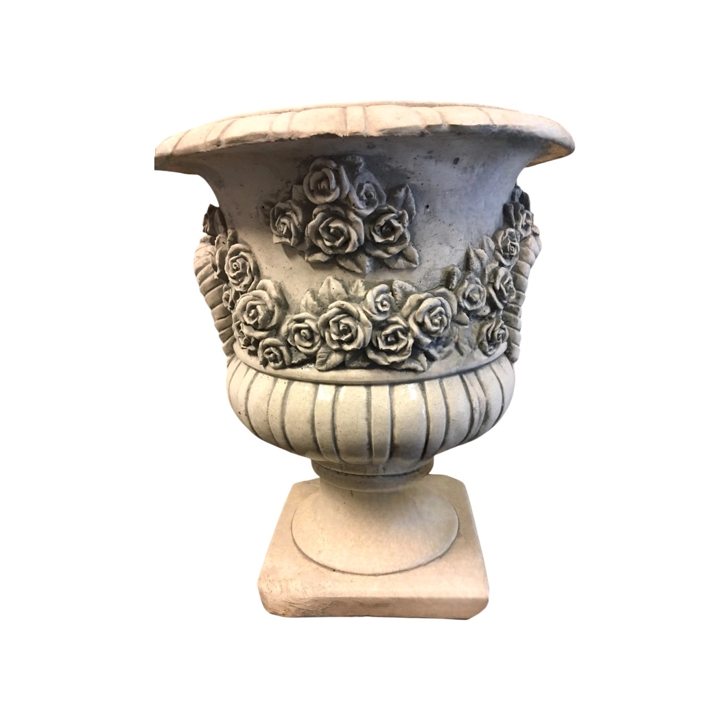 Runder Blumenkasten - mit Rosenmotiv - 50 cm hoch - Stein