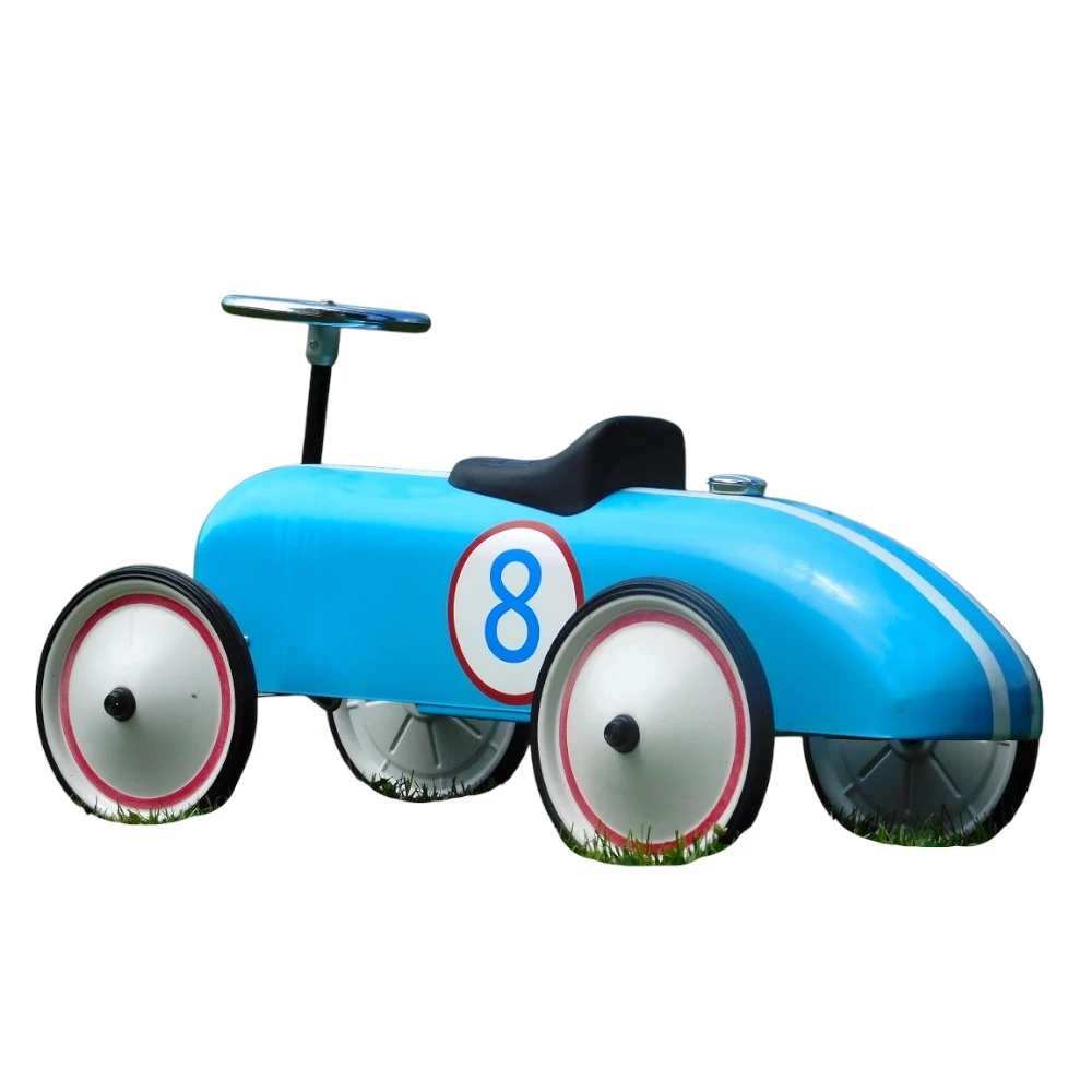 Vintage raceauto nummer 8 – blauw – metaal – 80 cm breed