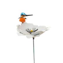 Tuinsteker bloem - metaal met ijsvogel - witte tuinbloem