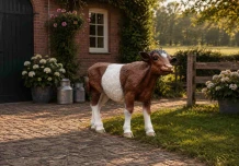 Kunststof tuinbeeld van een kalf - bruin / witte vachtkleur