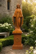 Standbeeld Maria op sokkel - groot gietijzeren tuinbeeld