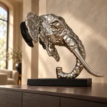 Tête d'éléphant – 48 cm – sculpture en aluminium sur socle en bois