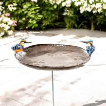 Bain d'oiseaux en métal - piquet de jardin - avec martin-pêcheur
